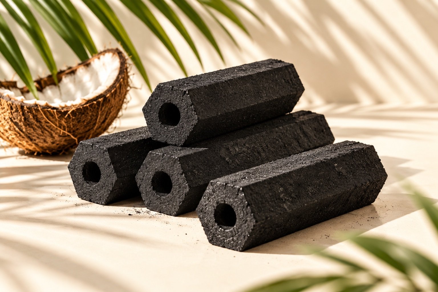 Illustrative coconut-shell hexagonal BBQ briquettes