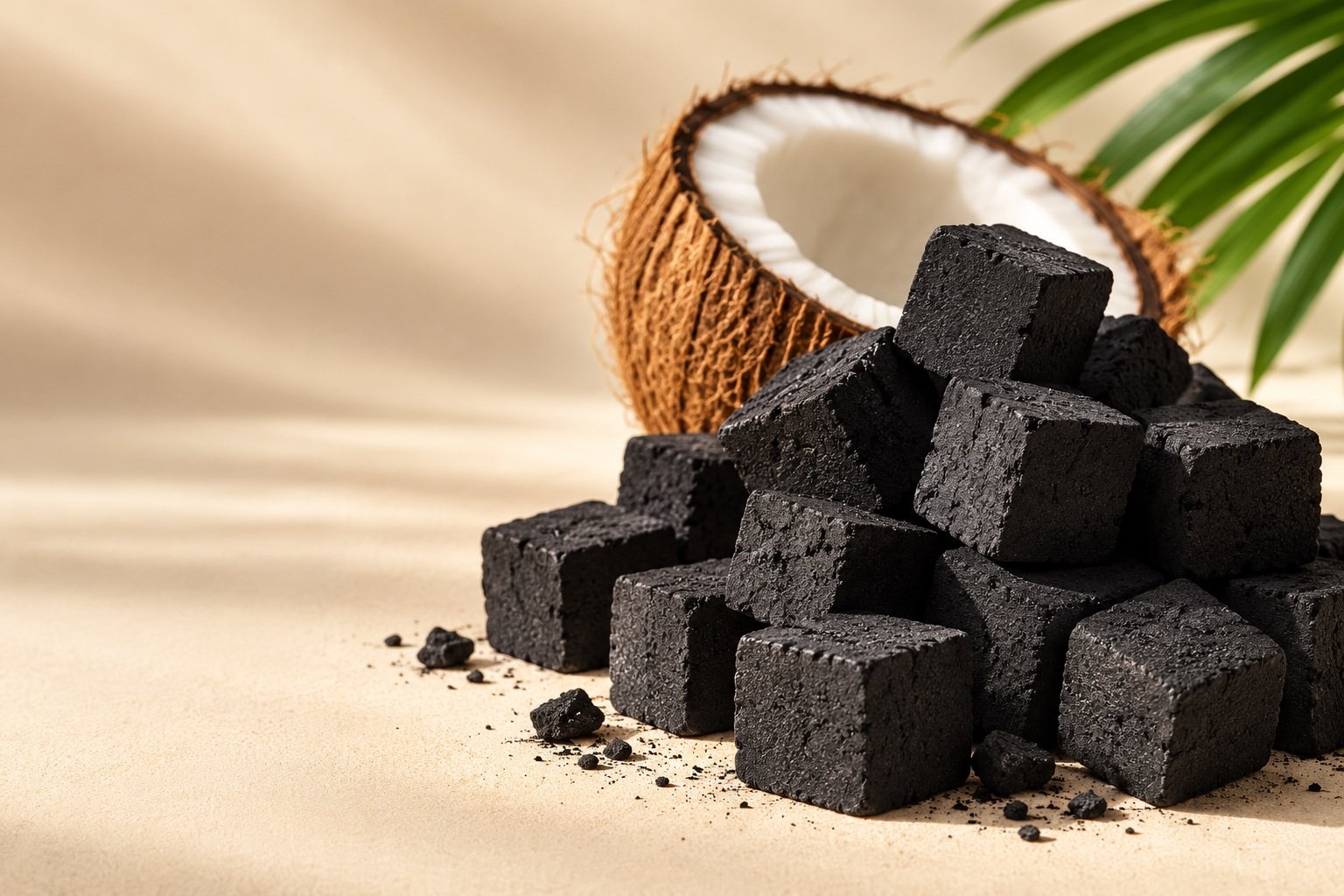 Illustrative coconut-shell charcoal cubes with a split coconut