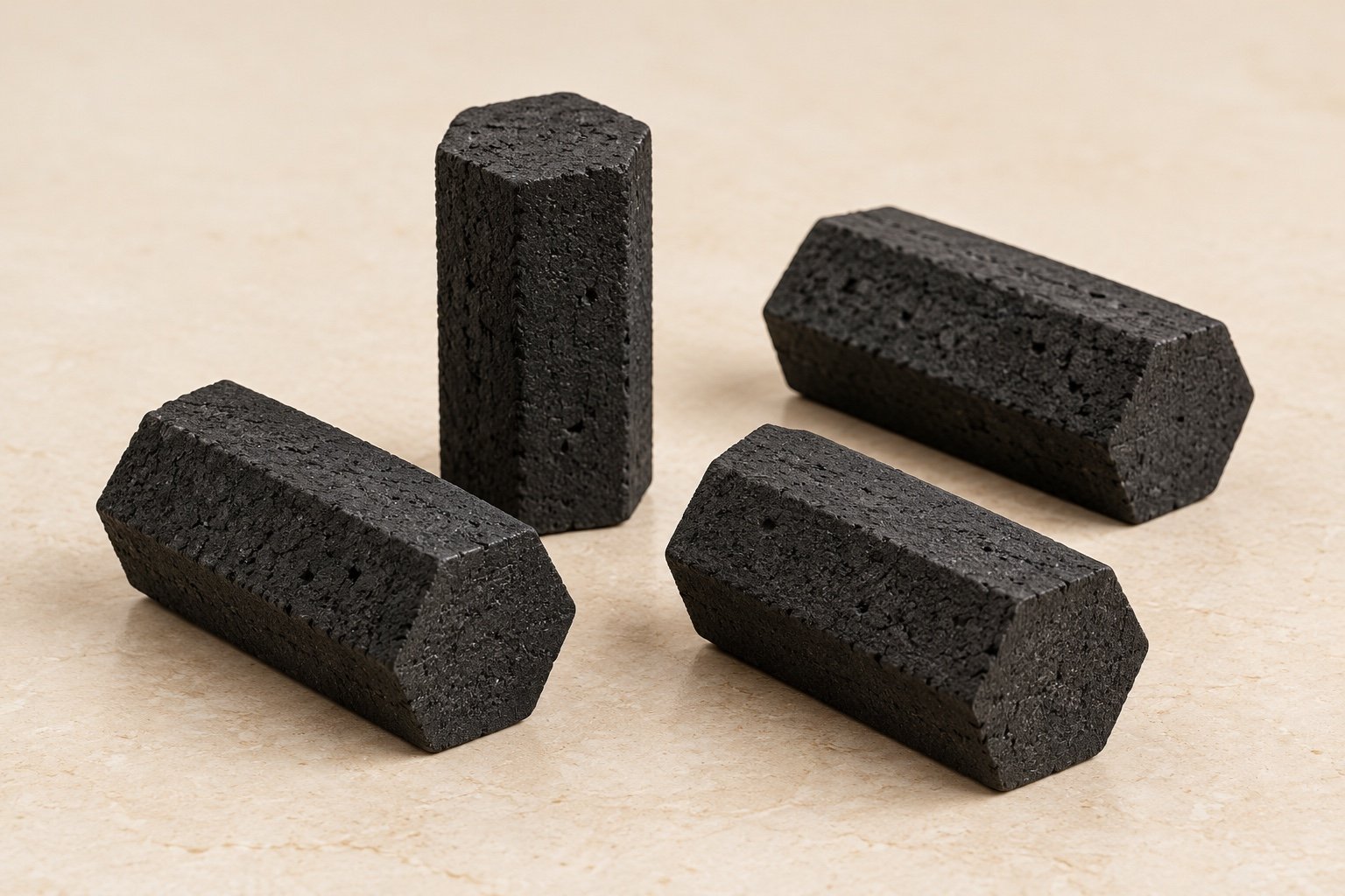 Shisha and hookah hexagonal coconut-shell charcoal briquettes, unlit